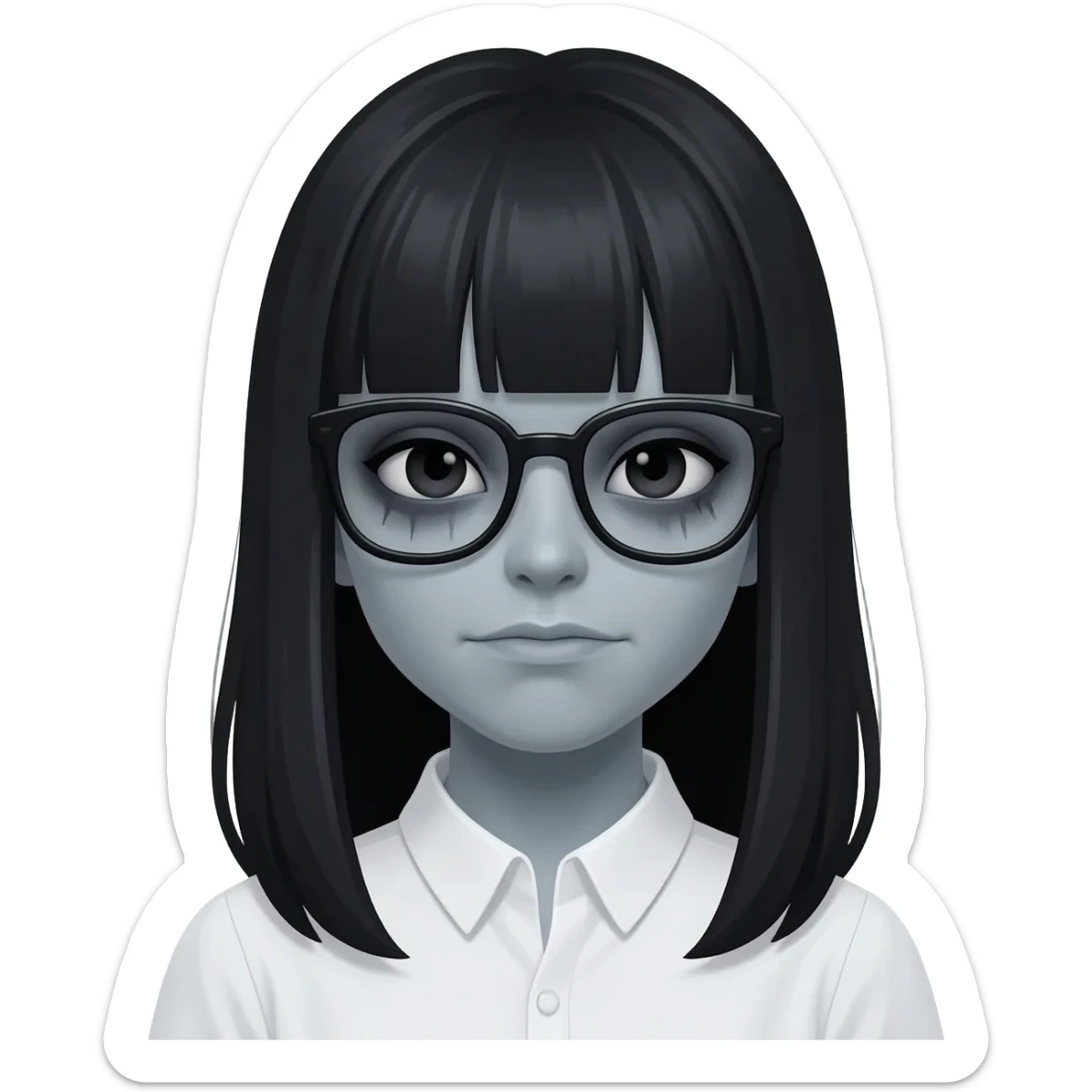 Zombie girl Memoji style, long straight black hair with bangs, grey skin, dark circles under eyes, wearing black glasses, simple white shirt, 3D render." sticker