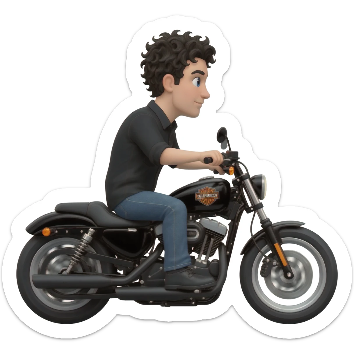 White man with short wavy black hair riding Harley Davidson in jeans and black shirt sticker