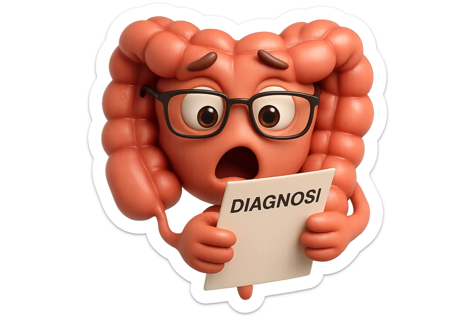 EMOJI STILE IPHONE DI UN INTESTINO CON GLI OCCHIALI CHE LEGGE UN FOGLIO CON LA SCRITTA DIAGNOSI, ESPRESSIONE STUPITA IN VOLTO, IPERREALISTICO 4K sticker