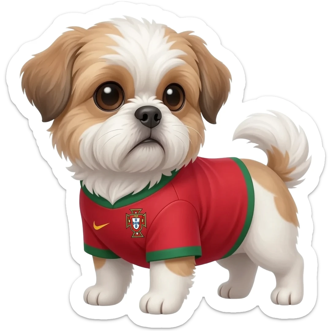 white and light brown shih zhu wearing a Portugal soccer jersey v neck 2026 work cup sticker