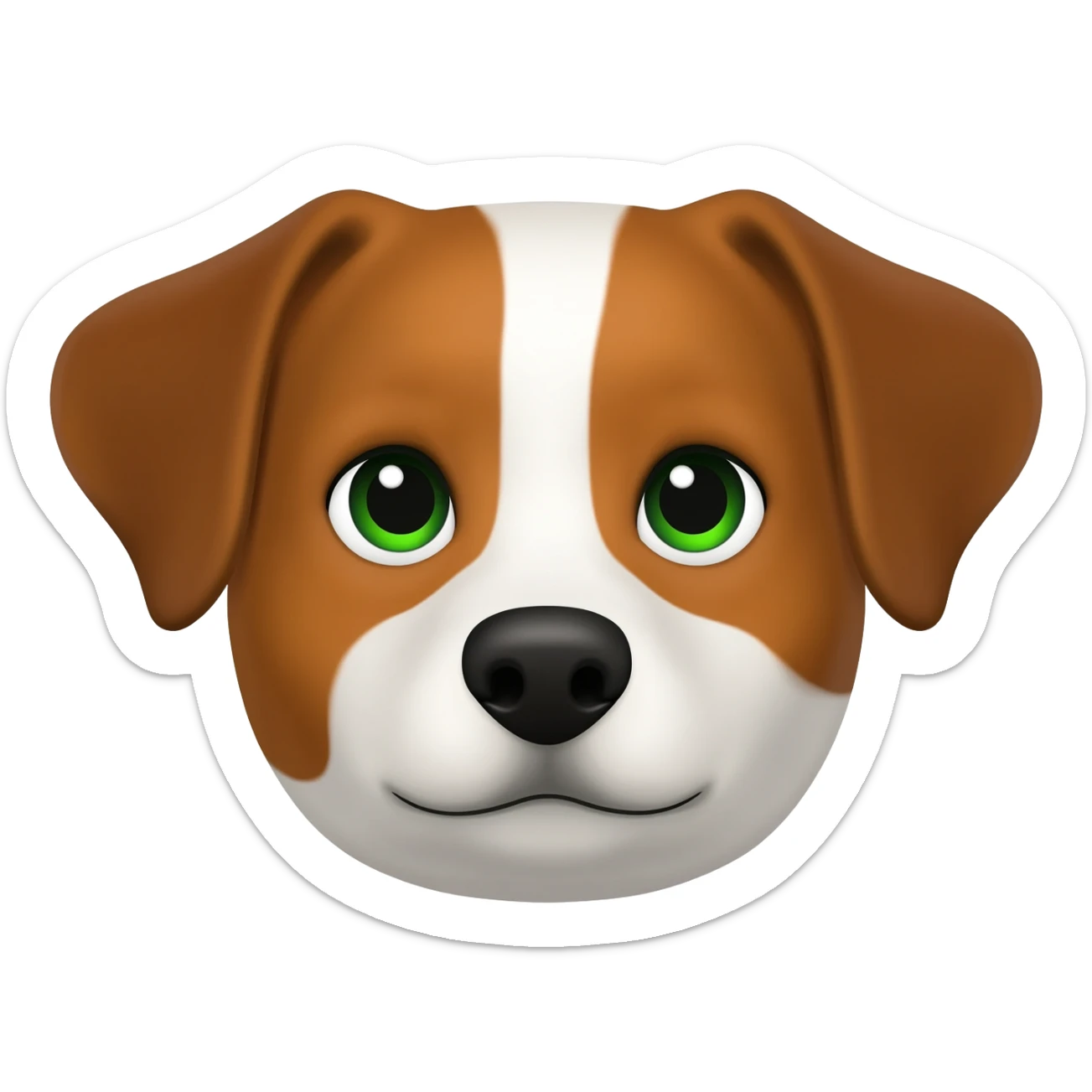 Crea un emoji de un perrito marrón con blanco con las orejas puntiagudas pero caídas y de ojos verdes sticker