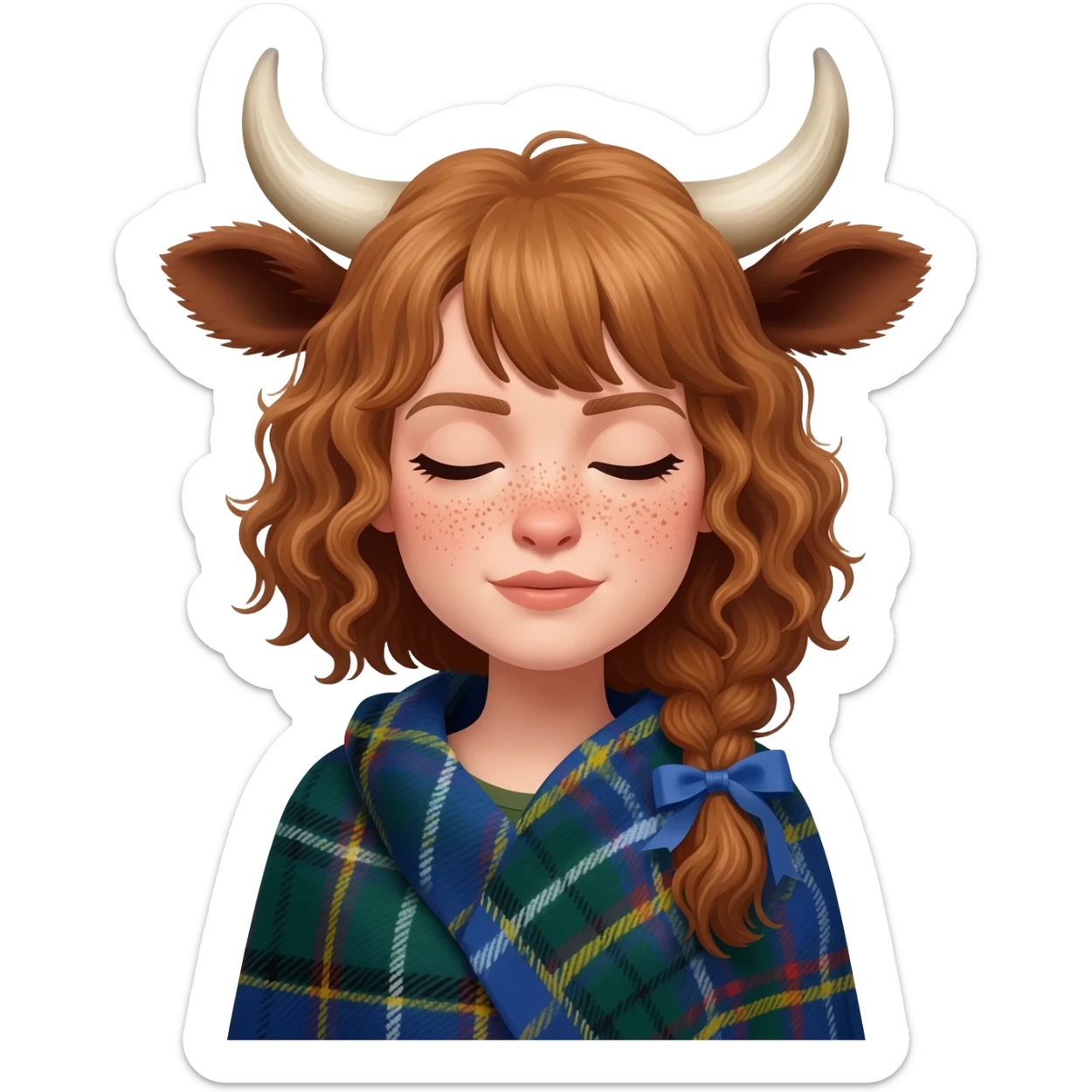 buff curly woman with freckles with messy light brown bangs covering the eyes with cow horns and cow brown ears with ribbon in her hair with body covered in Scottish flag like a blanket sticker