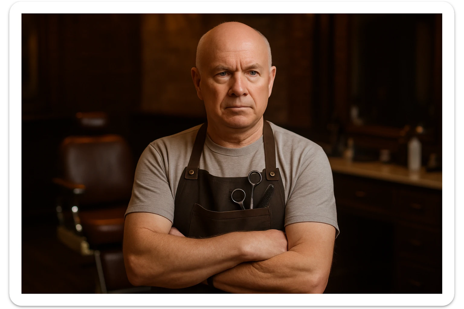 huddi shu odamni qariroq va soch soqolsiz tasvirlab ber o'zgartirib realistik qilib orqa fon sartaroshxona belidan sal pastroqqacha  sticker