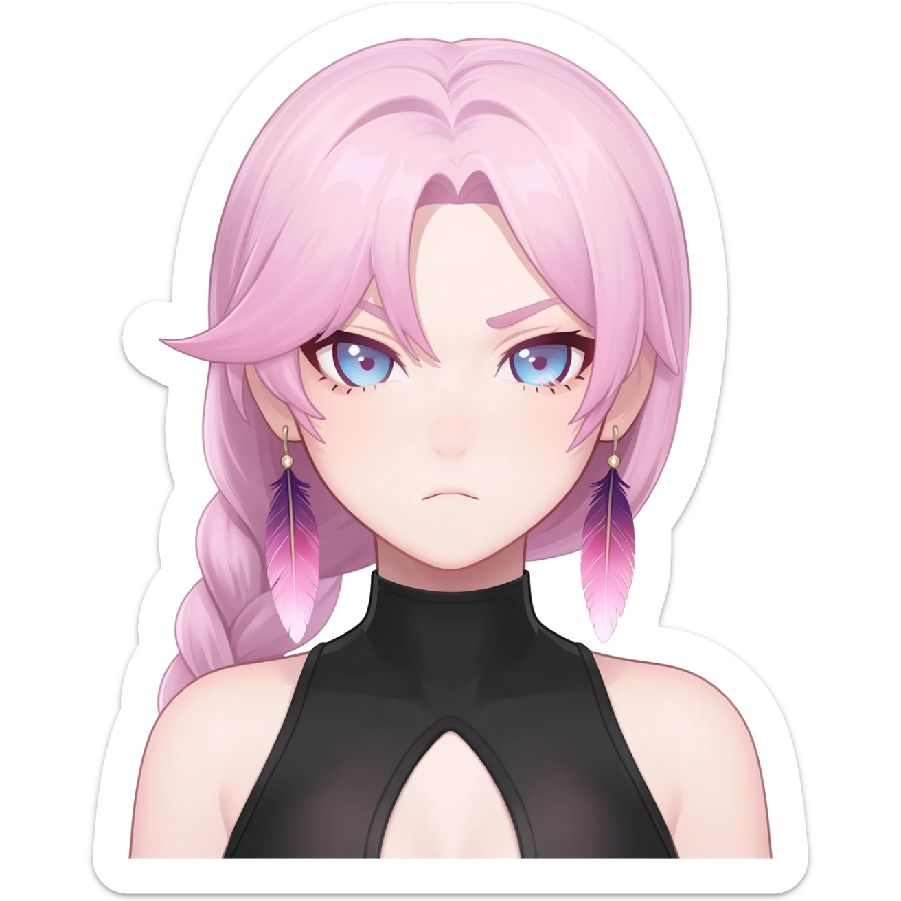 Citlali from Genshin Impact; Gorgeous beautiful pretty grumpy anime lady long-pale-whitish-pastel-pink-hair with one braid on each side, hanging gradient-purple-pink feather-ear-cuffs on each side in hair, black bodysuit covering neck, blue eyes, pink iris, ethereal, fashion aesthetic  sticker