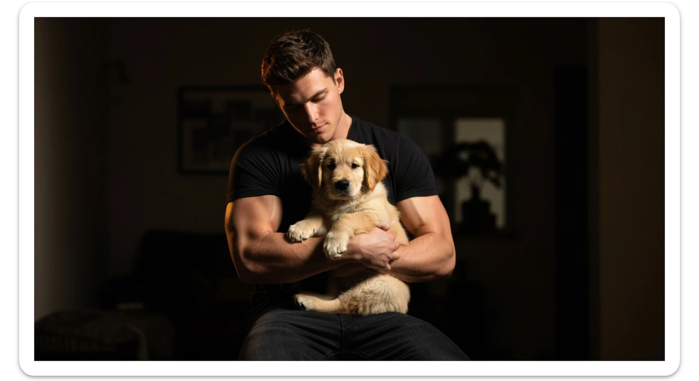 Photo of a musculated man holding puppy golden retriver, low key light sticker
