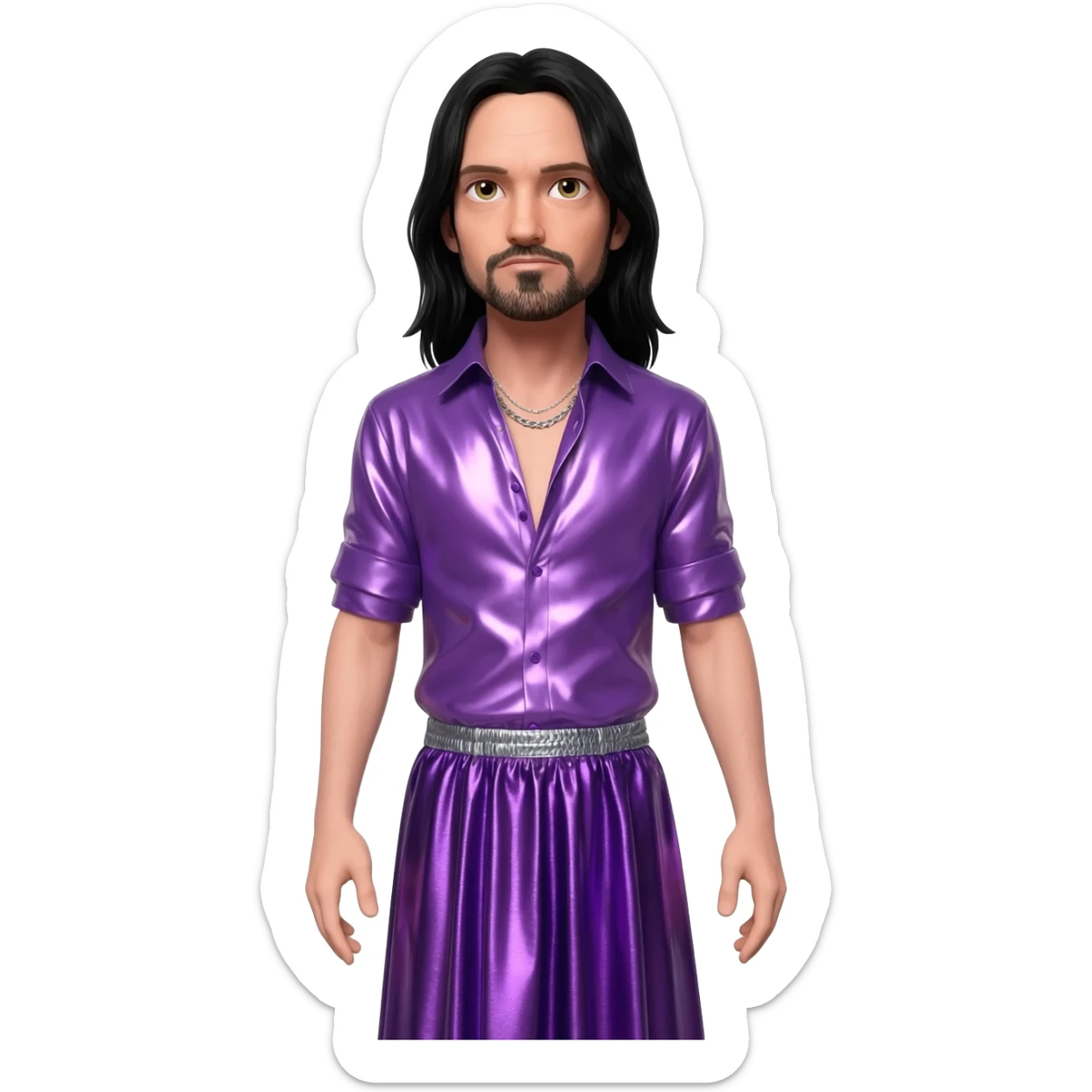 Jonathan Davis with long black hair, purple metallic shirt, purple metallic long baggy skirt , silver necklace sticker