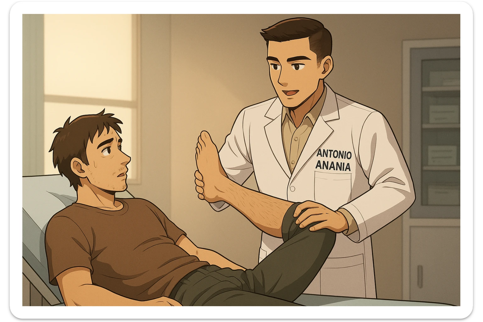 fai un webtoon manga a colori con questo stile, in cui un uomo è steso sul lettino medico e il kinesiologo con il camice bianco (fagli anche la scritta "ANTONIO ANANIA" SUL CAMICE, gli solleva una gamba per fargli il test neuromuscolare, IL KINESIOLOGO SPIEGA ALL'UOMO UNA cosa mentre gli alza la gamba. non fare i fumetti però, fai solo in modo che sembri stiano parlando sticker