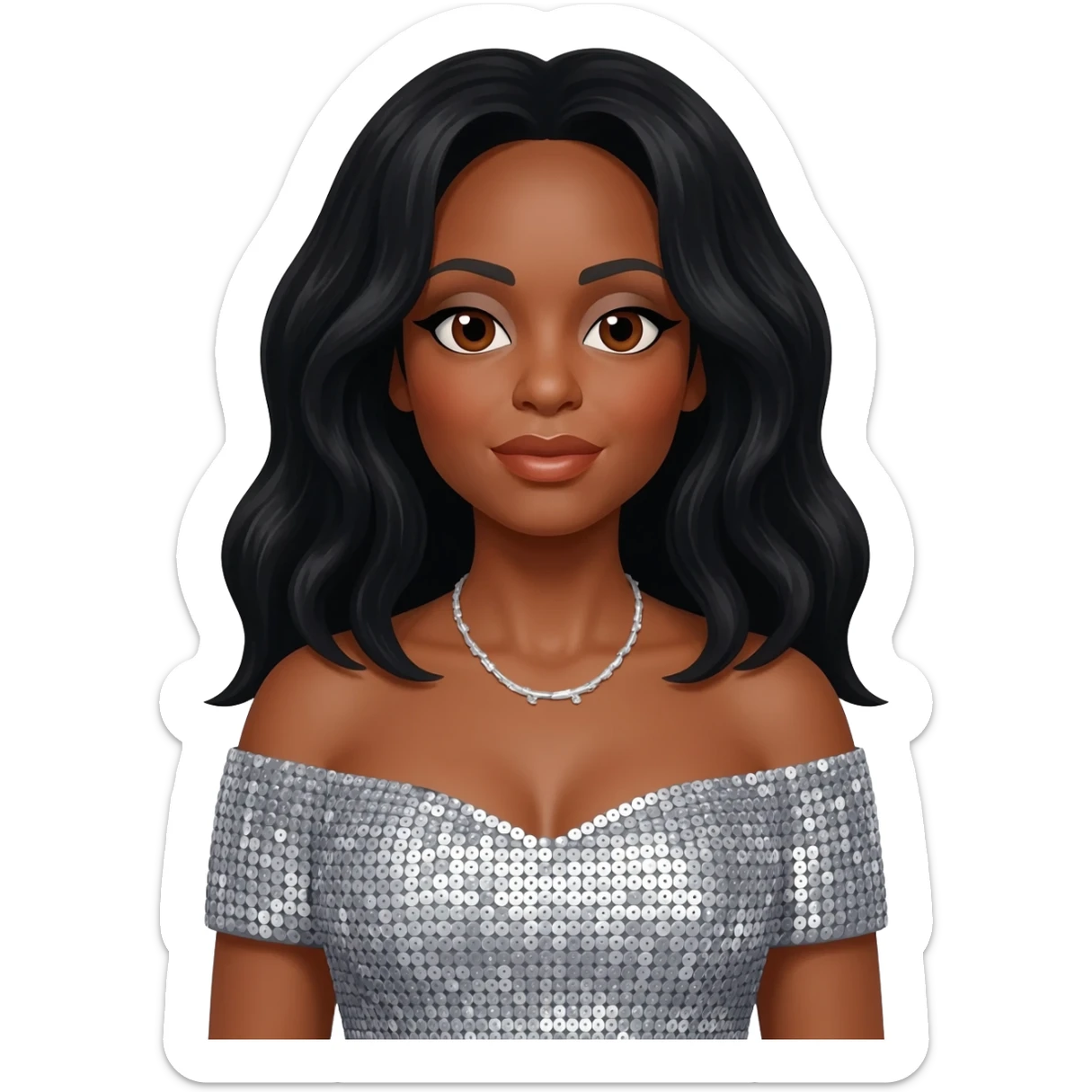 Diana Ross with brown eyes, long black hair, silver sequin off shoulder dress, silver necklace sticker