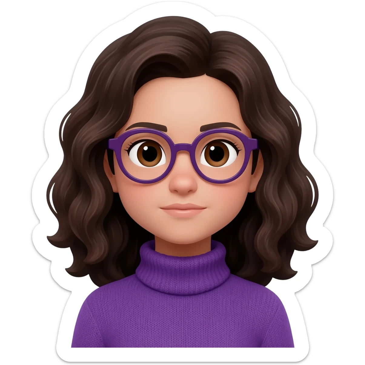 medium fair-skinned girl with brownish black eyes, roundish ovalish dark purple glasses, wavy dark brown hair, purple turtle neck sweater sticker