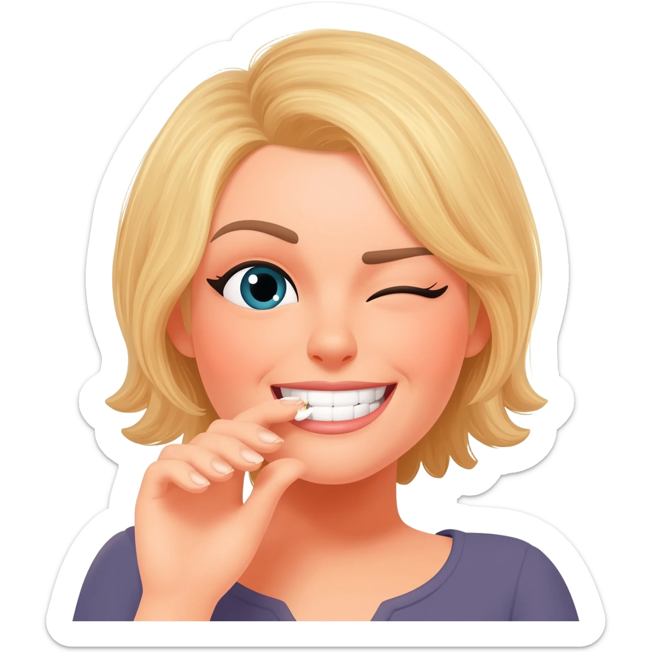 A blonde girl in her 30’s emoji biting their nail while smirking/flirting and wink with one eye sticker