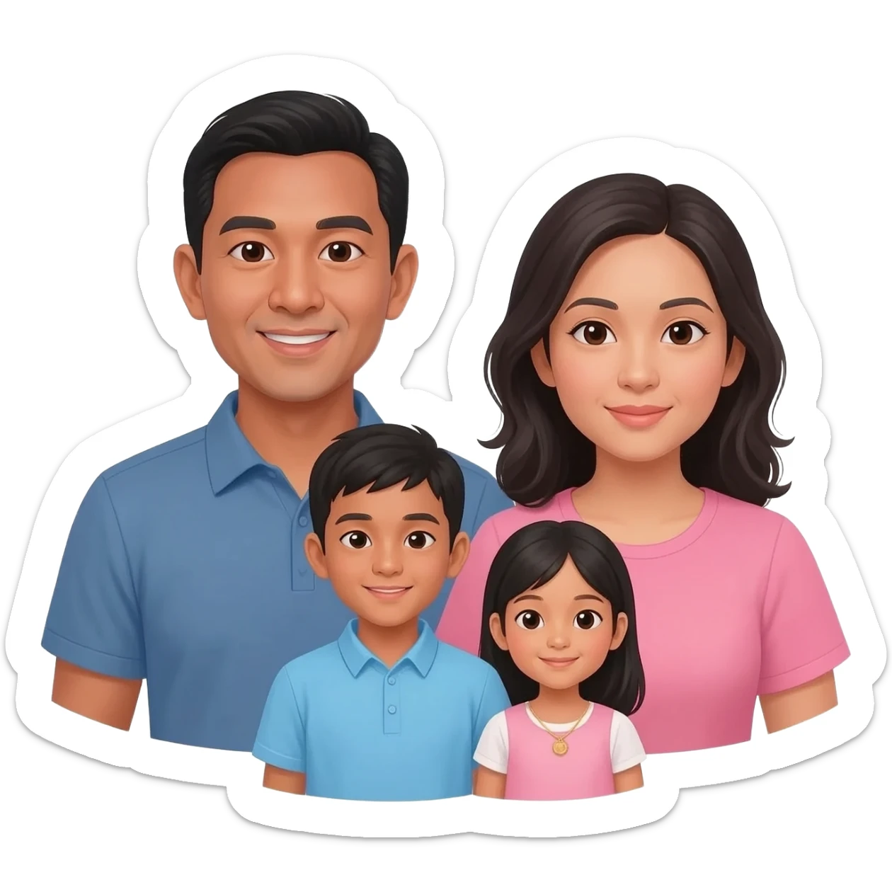 Filipino family, the father is tan skinned, the youger son has tan skin too. The mother and oldest daughter have light skin. sticker