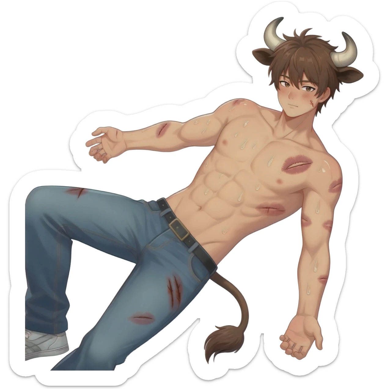 A buff hairy anime guy lies back, brown-haired, with cow horns, cow ears, and a cow tail, with scars from surgery, covered in kiss marks, his body glistening with sweat, a bright blush touching his cheek. He's wearing jeans and sneakers, his torso bare. sticker