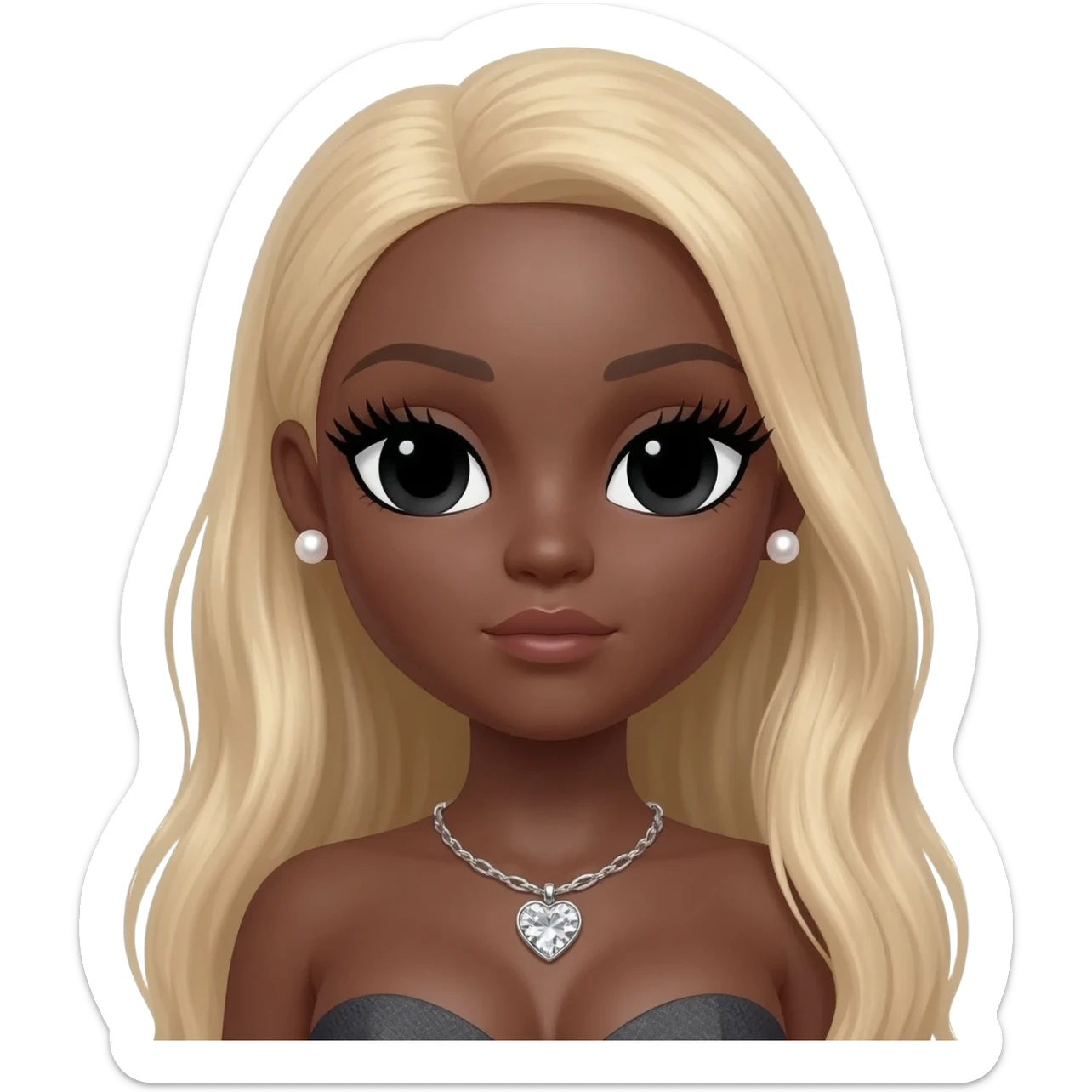 pearl earrings stud, Long giant lashes, Doll faced shaped,swarovski heart with Rhodium plated necklace, bimbo, black doll eyes, barbie, dark brown skin, with long blonde hair, big breast sticker