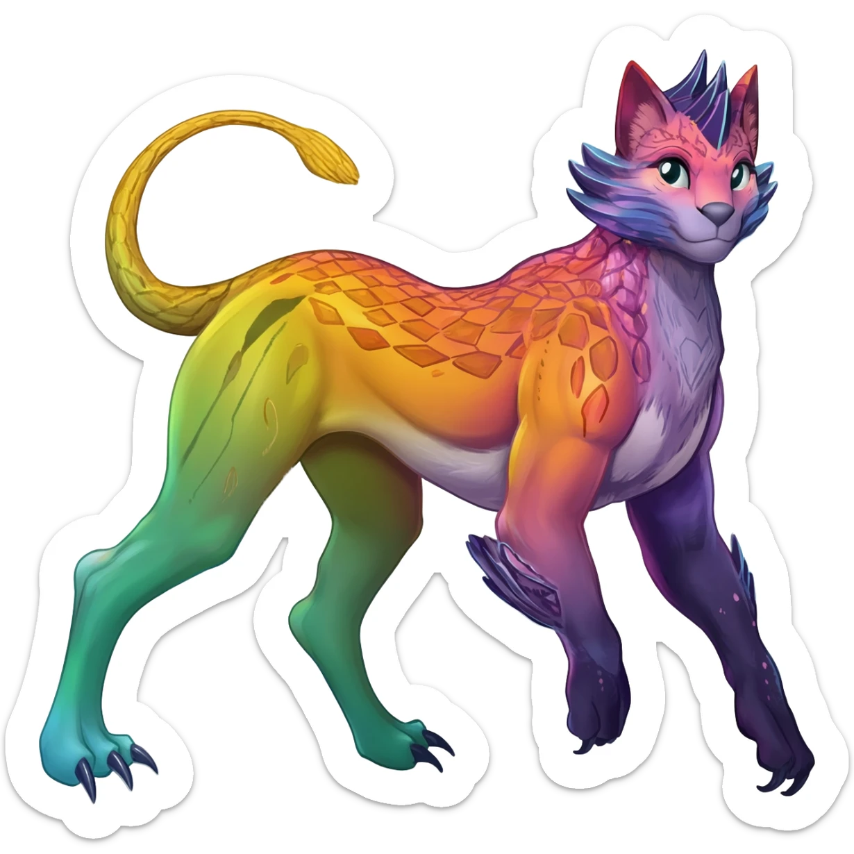 Rare realistic exotic aesthetic gradients-colorful vibrant Vernid-Protogen-Primagen-Wickerbeast-Genet-Sergal-Trico-species-Fakemon-hybrid-creature by LiLaiRa, beautiful intricate markings, full body sticker