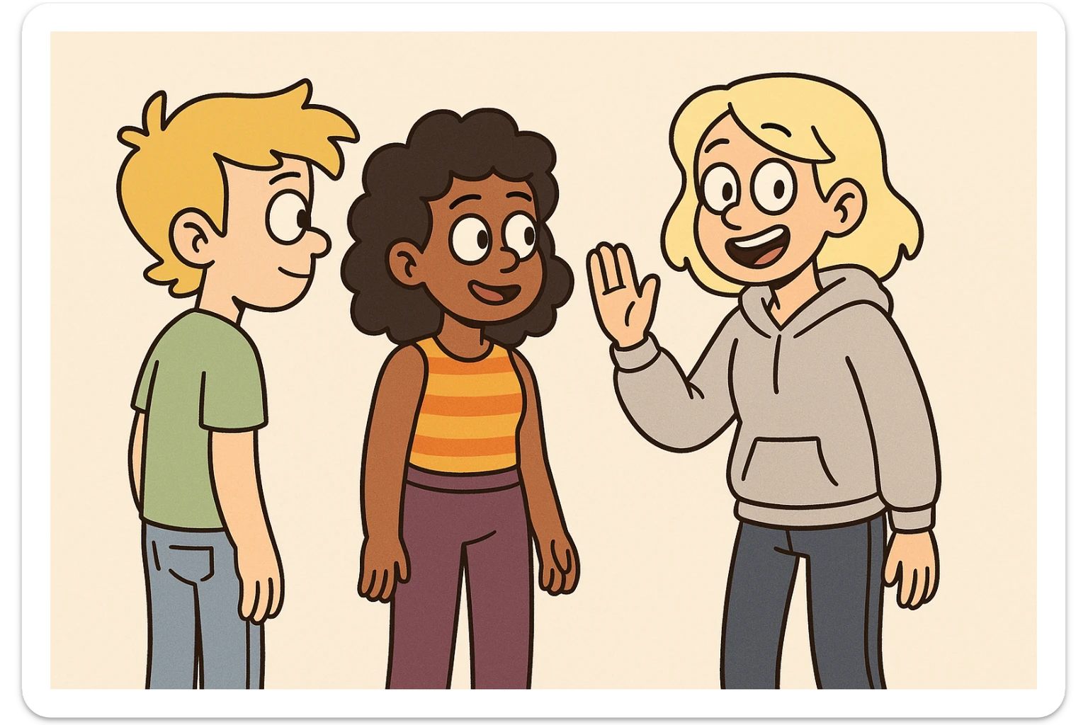 A boy dark yellow hair light green t-shirt white lightfo blue jeans girl brown skin black hair hairstyle curly hair yellow orange stripes top purple trousers girl yellow hair light grey hoodie dark blue jeans a hand hello  sticker