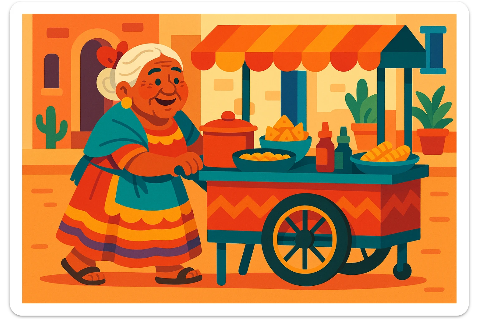 old Mexican lady pushing a food cart, warm and friendly, traditional dress, vibrant colors, street vendor, detailed, no text, vibrant toon cartoon style sticker