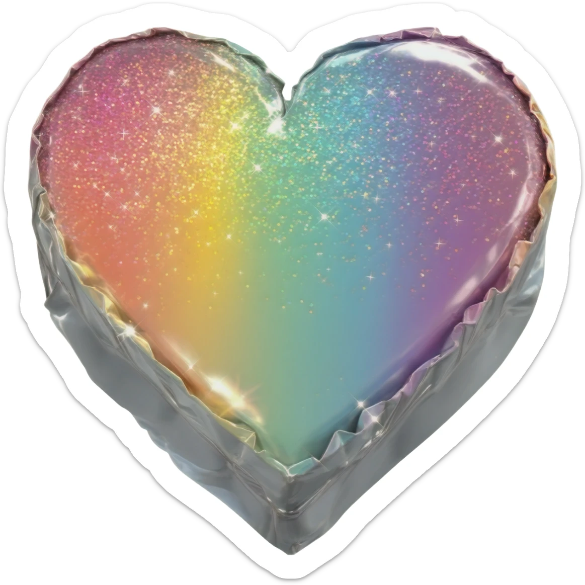 3D isolated, rendering, 8k resolution, 1x1, 8000x8000 pixels, transparent background, no emoji faces, Heart shaped box wrapped in silver metallic paper with 3D appearance rainbow prismatic effect and very glittery cute sticker