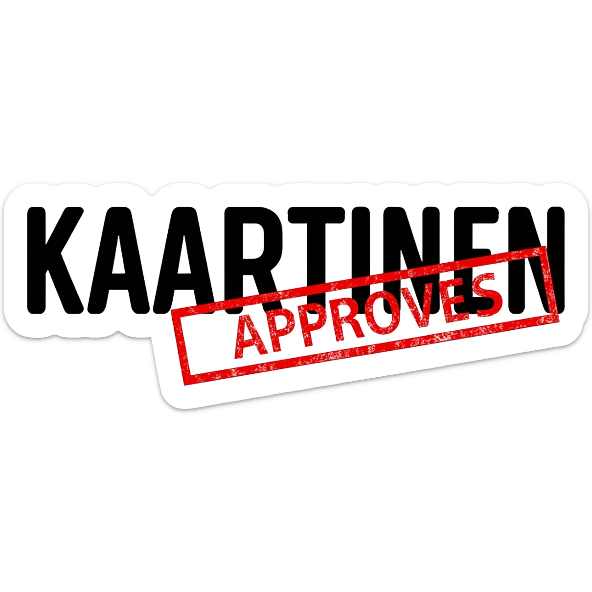 bold black text KAARTINEN and two mm under it red stamp horizontally with text APPROVES sticker