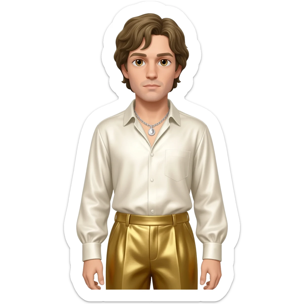 Paul Verlaine with hazel eyes, dark blonde hair, ivory metallic shirt, gold metallic baggy pants, silver necklace sticker