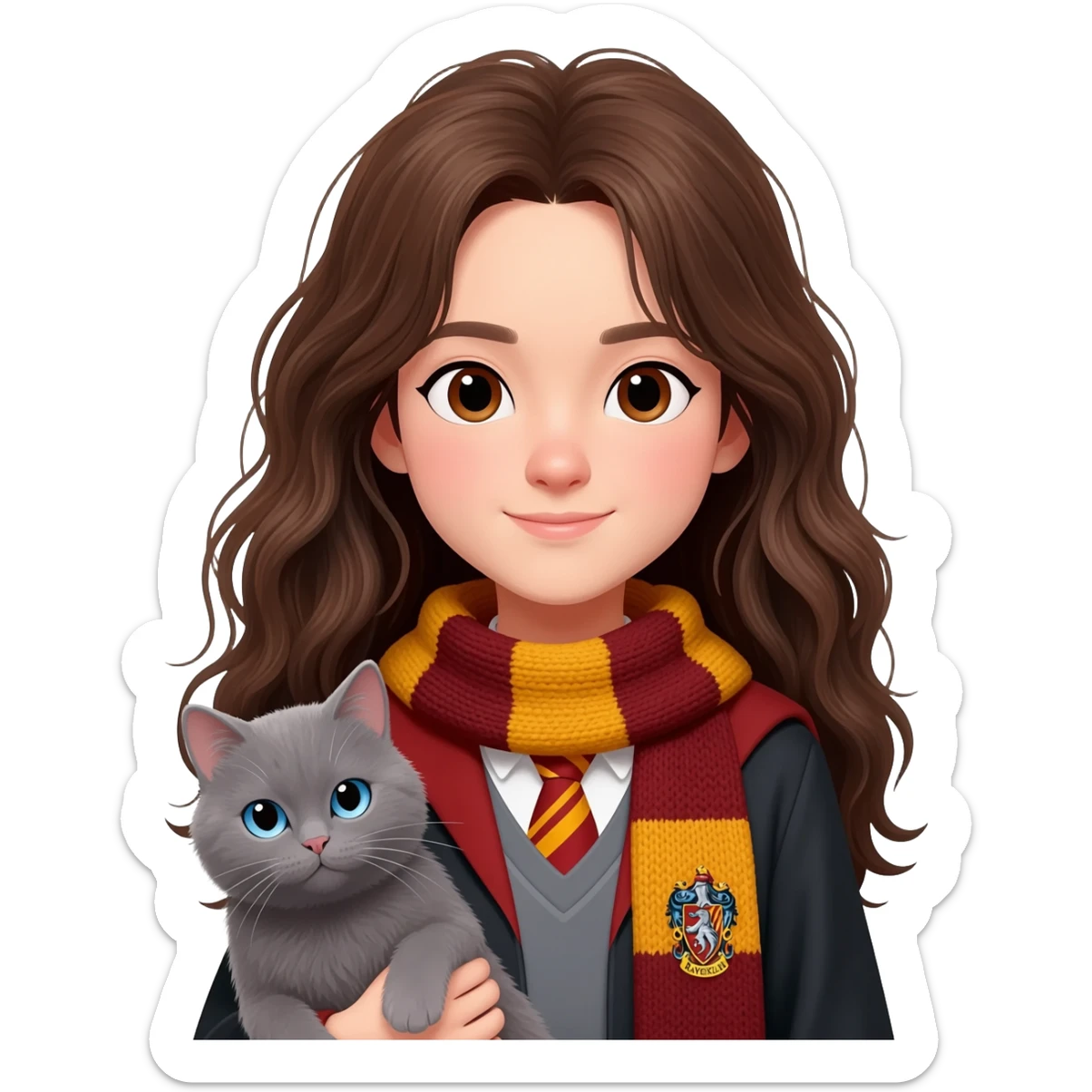 asian smart ravenclaw girl student with long brown messy hair and brown eyes, holding a gray cat with blue eyes sticker