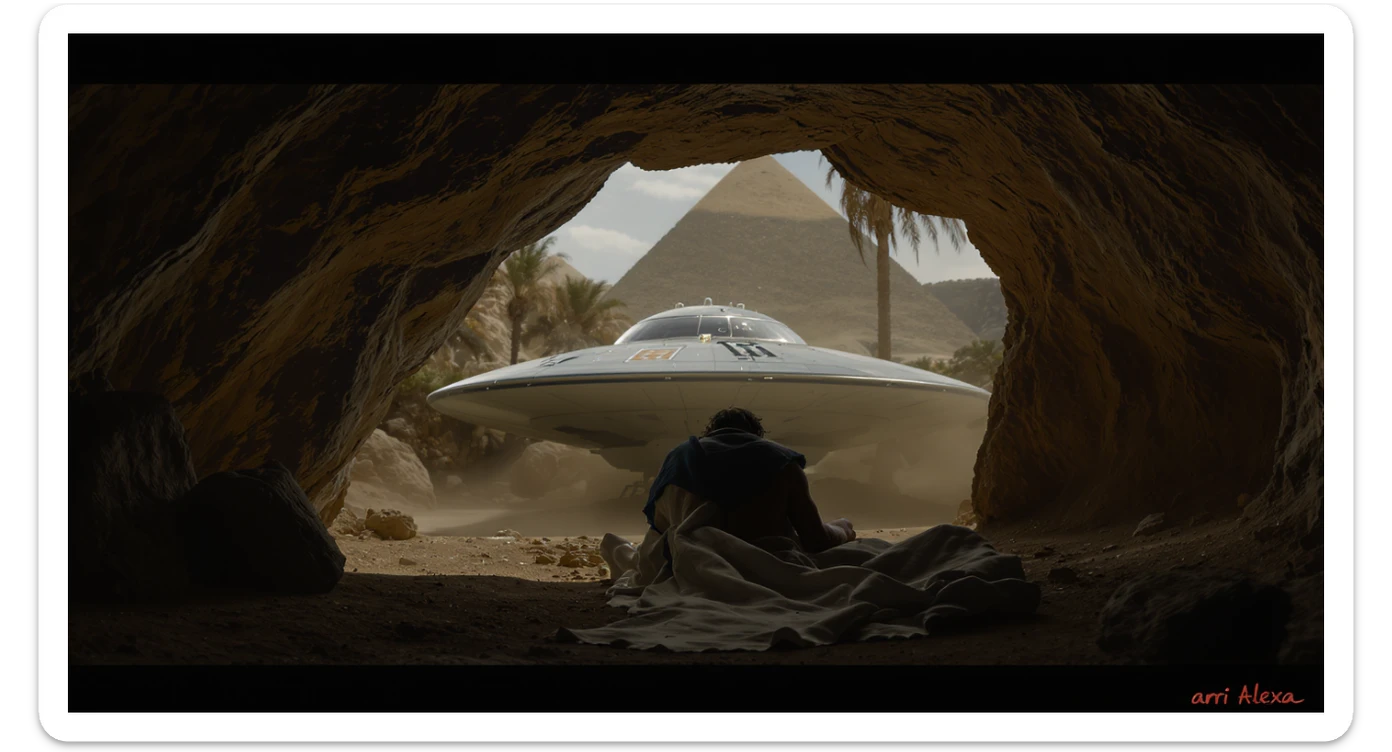 cinematic still, documentary photography, acient egypt, back shot of a man dress in ancient clothes in cave (frame in frame effect) on ground laying front of small ufo starship, palms, dynamic scane, leading lines, captured by arri alexa, depth layers, piramids in babckground sticker