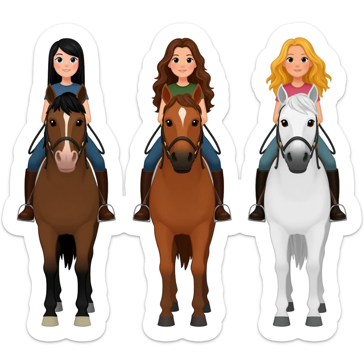 Three horses white bay and sorrel with three riders on the bay horse a girl with dark straight hair on the sorrel horse a girl with wavy brown hair and on the white horse a girl with sandy hair sticker