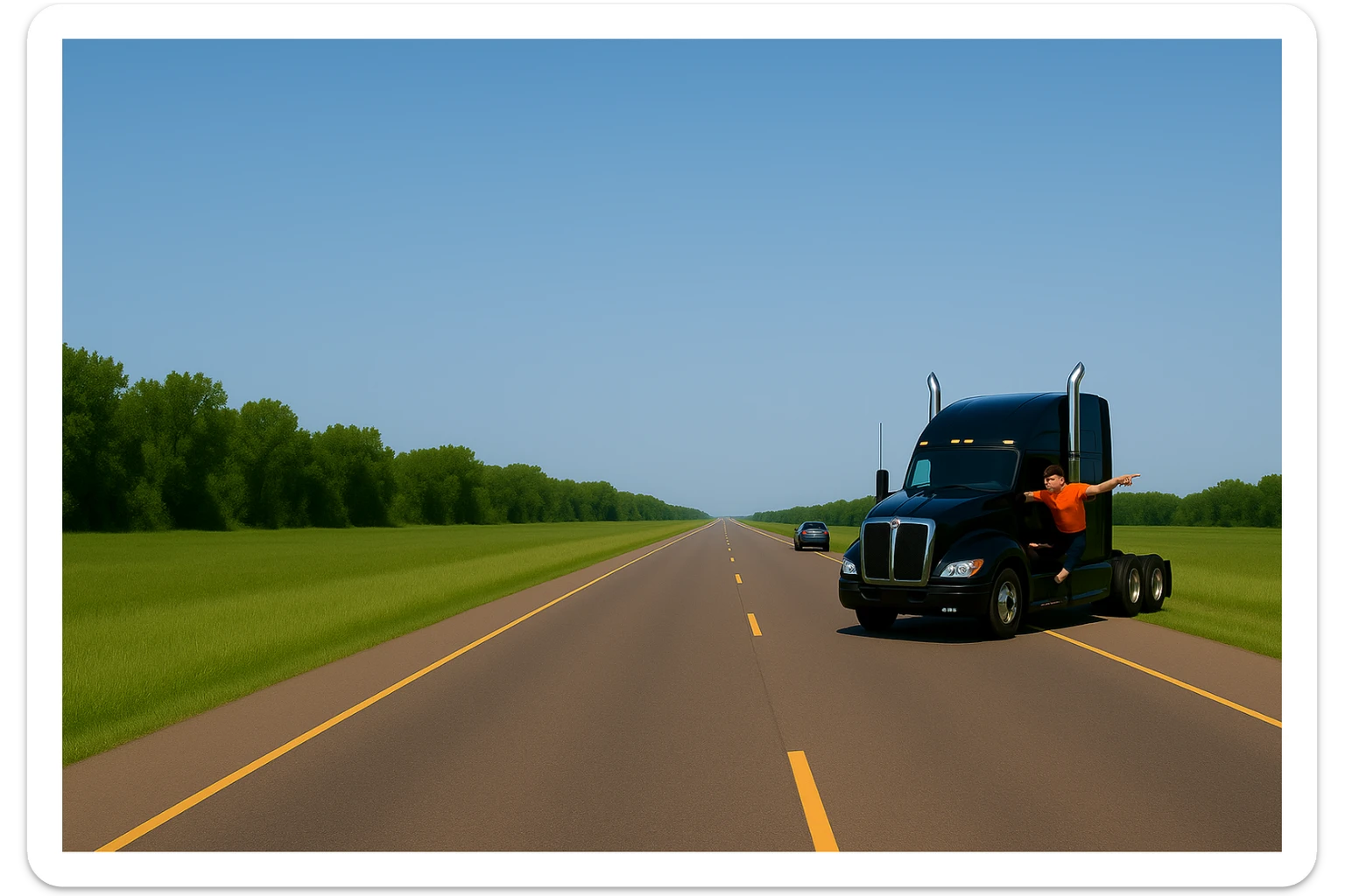 Zoom the scene out a lot farther, making the vehicles much smaller and showing a wide view of the road and landscape. Keep the black Kenworth W680 semi with chrome stack, angry bald driver in orange shirt and baseball cap, arm out the window, following a car. Scene should remain bright and vibrant. sticker