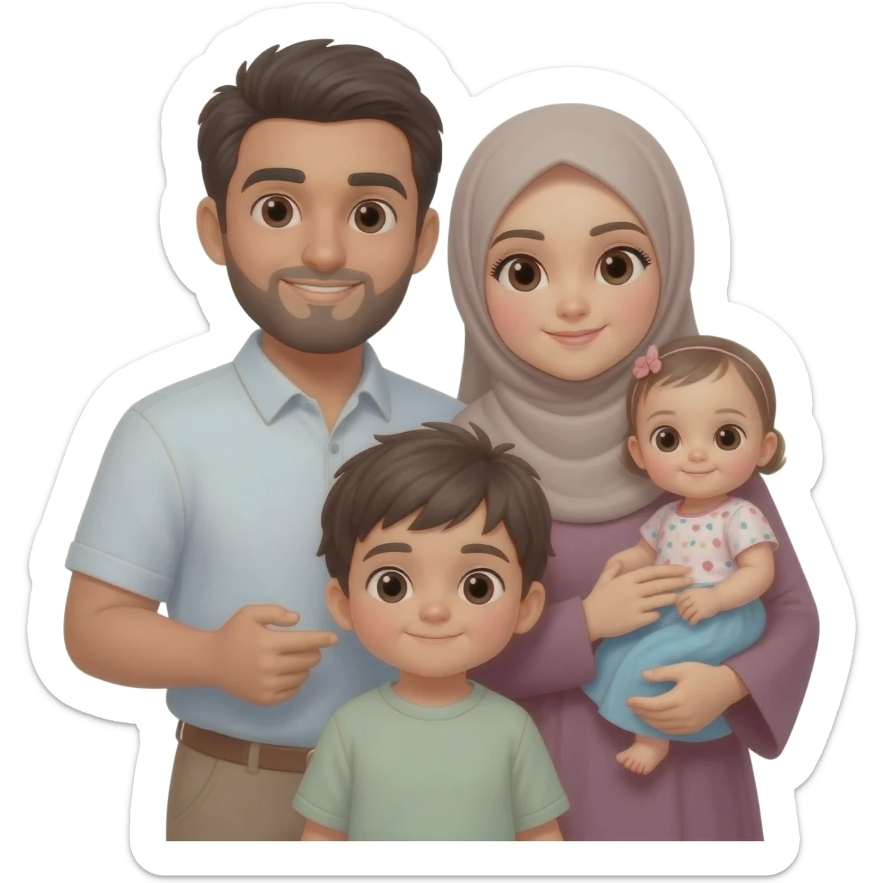 Family of four man woman 1 year old boy and baby girl but make the woman a hijabi sticker