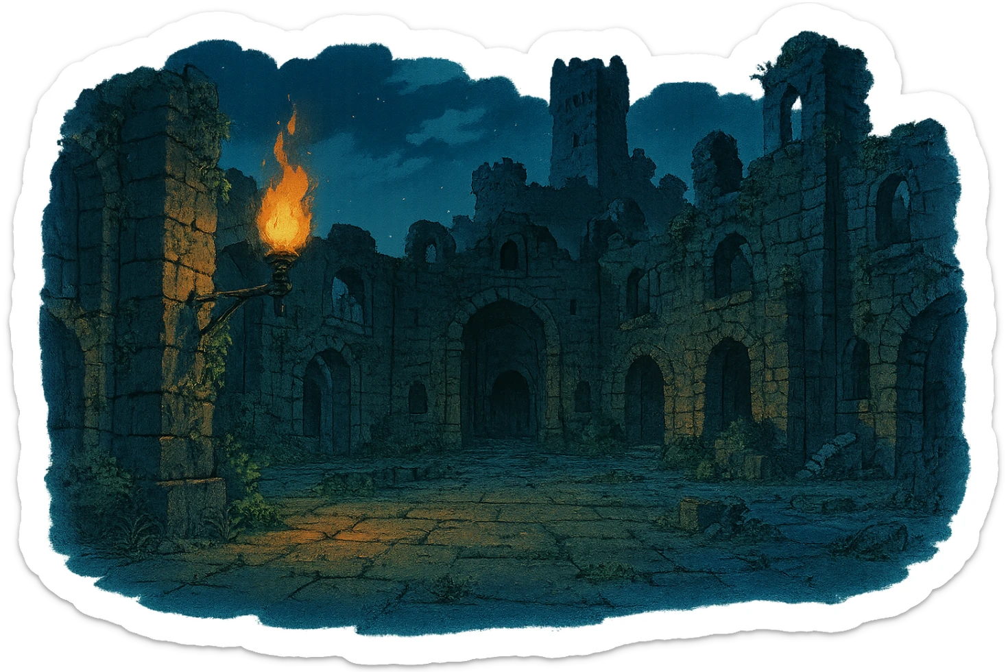 Midnight castle ruins torchlit courtyard sticker