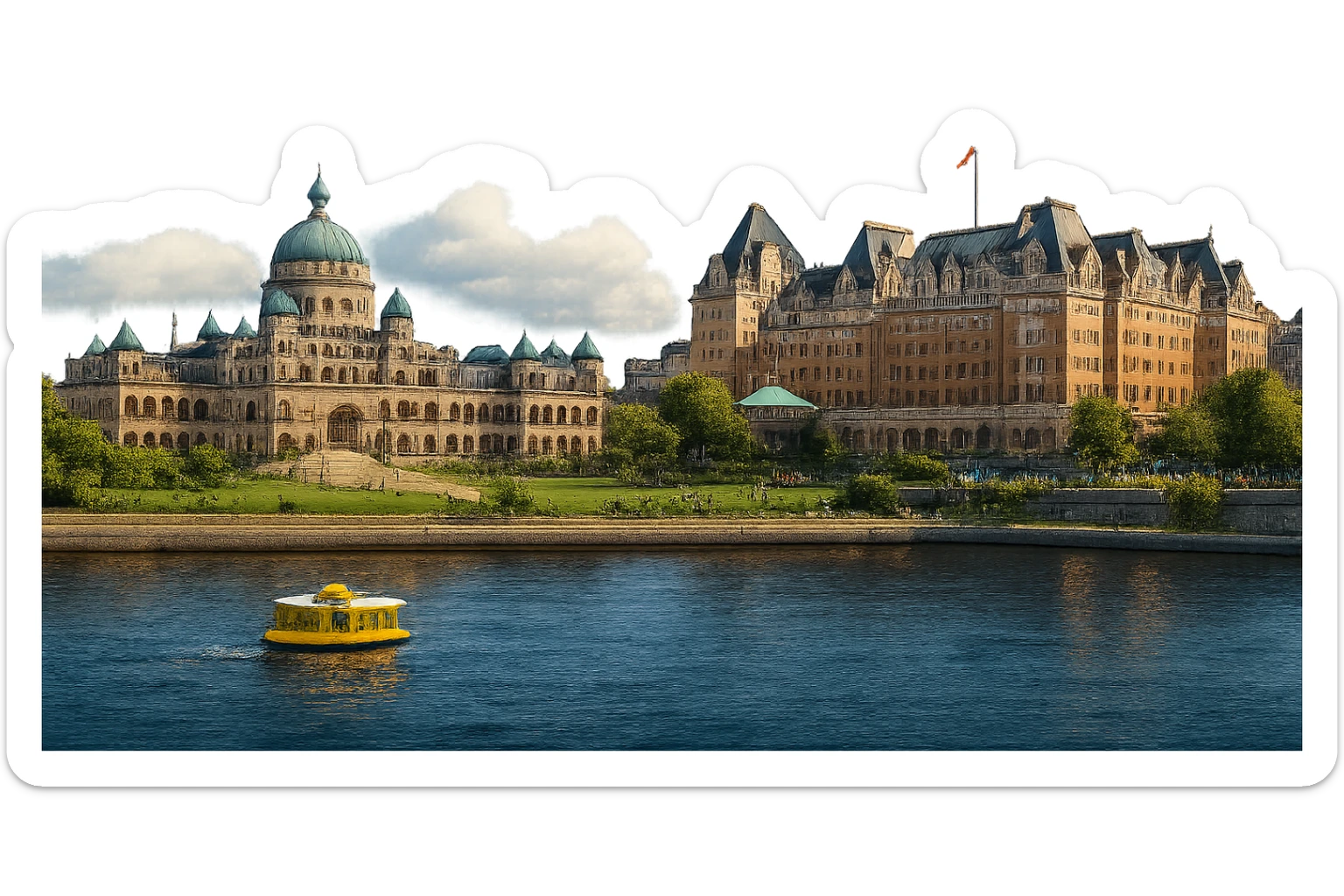 cinematic, realistic emoji of Victoria, BC, featuring a skyline with iconic landmarks such as the British Columbia Parliament Buildings, the Fairmont Empress Hotel, and the Inner Harbour, with lifelike detail, accurate colors, bright lighting, wide city view, fully transparent background sticker