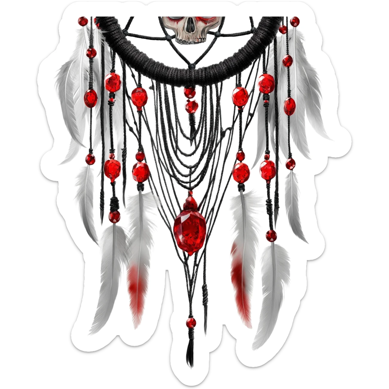 Blood-red, bloody, obsidian-black, edgy, dream catcher, red gemstones, black wires, black threads, skull, white feathers, badass, evil, gorgeous aesthetic, gothic decor sticker