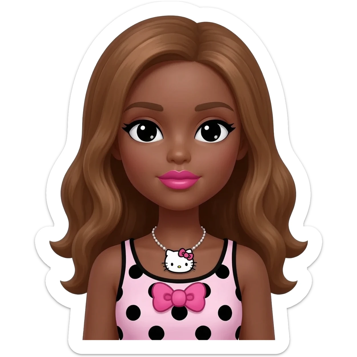 Doll faced shaped, hello kitty necklace, bimbo, black doll eyes, Big lips barbie, dark brown skin with honey brown hair, bimbocore outfit light pink and black polkadots tank top with designed pink bow on it sticker