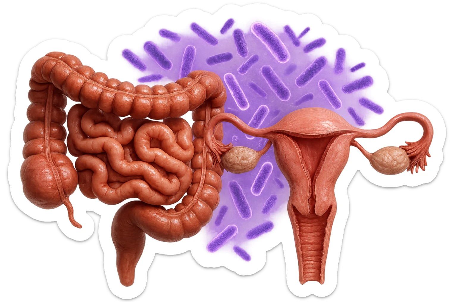 intestino umano anatomico realistico accanto ad un utero umano anatomico realistico, dietro i due organi fluttuano batteri intestinali con questo colore: #971ef1, iperrealistico 4k
isolata su sfondo bianco sticker