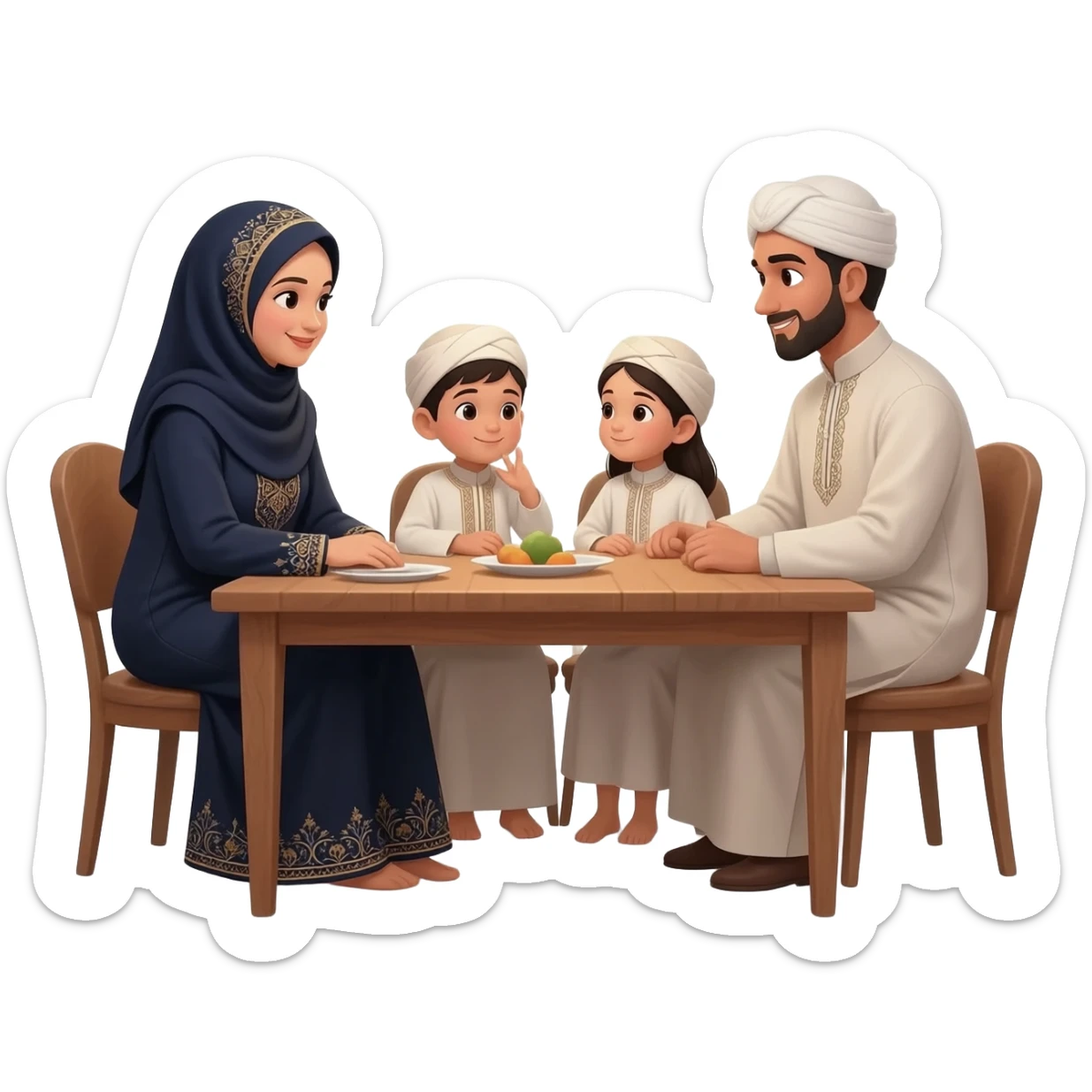 happy family islamic clothing sitting on table talking; mother wearing hijab sticker