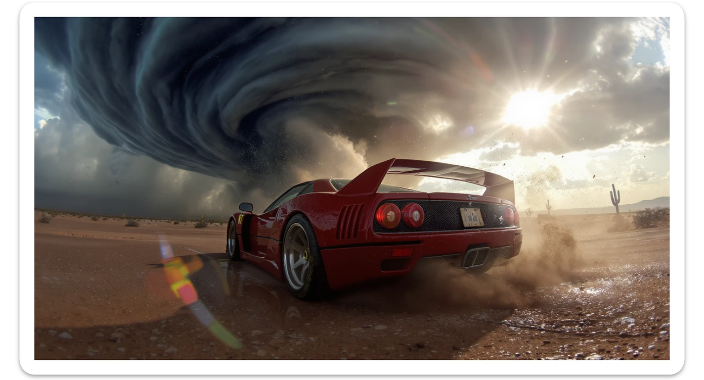 Cinematic still of a ferrari f40 around tornado od arizona desert, sun flare, captured by gopro hero with effect fisheye, water drops on car body, detailed, inspired by interstellar look sticker