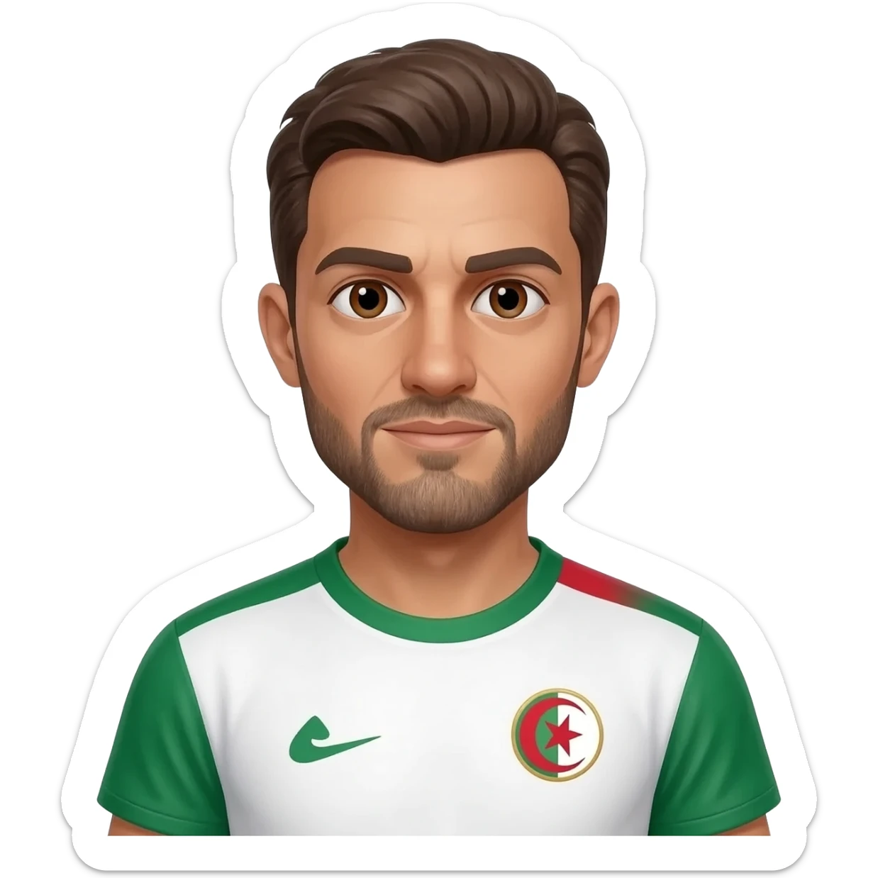 homme métisse algérien français peau claire yeux marrons 38 ans cheveux bruns petite calvitie et barbe avec maillot foot Algérie sticker