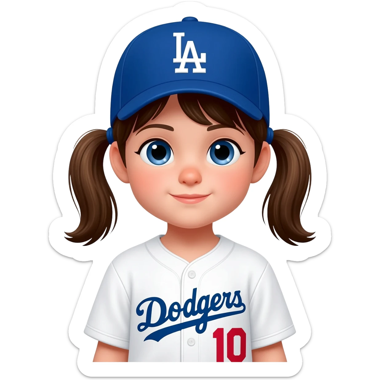 toddler girl in a white dodgers uniform with baseball cap with brown pigtails and blue eyes sticker