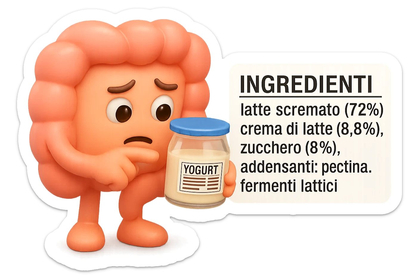 EMOJI STILE IPHONE 3D DI UN INTESTINO CHE HA IN MANO UN BARATTOLO DI YOGURT CONFEZIONATO DA SUPERMERCATO E LEGGE L'ETICHETTA NUTRIZIONALE CON GLI INGREDIENTI IN ITALIANO, ACCANTO ALLO YOGURT CHE HA IN MANO C'è UN FOCUS SULL'ETICHETTA CON GLI INGREDIENTI SCRITTI sticker
