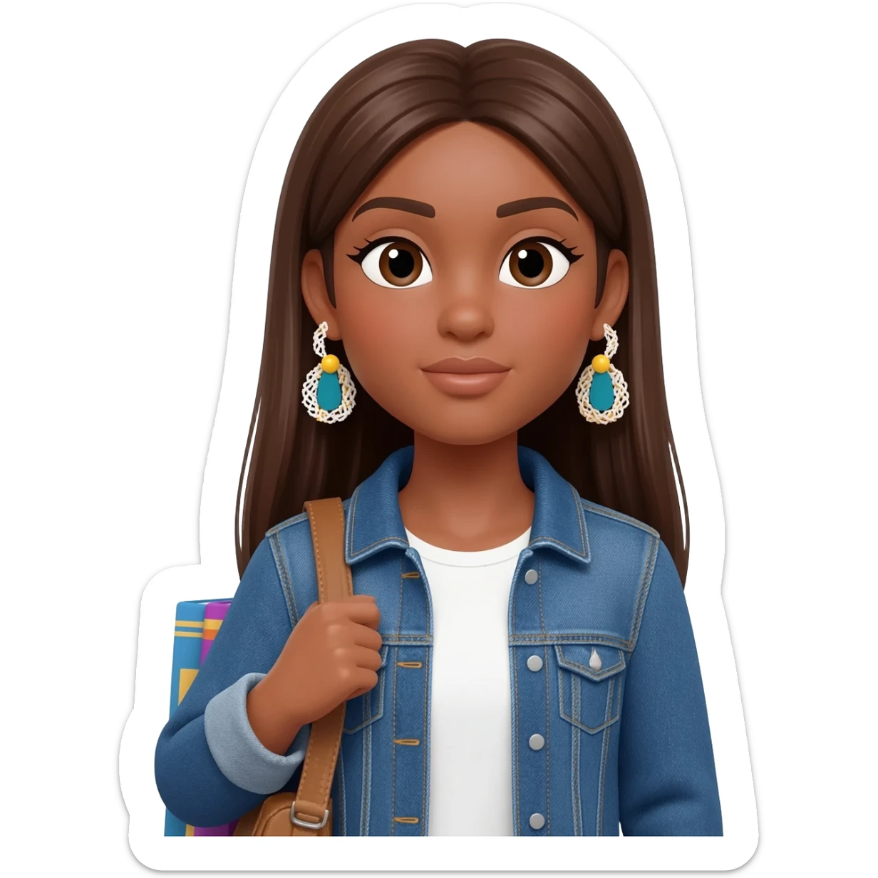 Woman with straight long brunnette hair, light brown skin, she is using a denim jacket with a white shirt and funky earrings and she is carrying books sticker