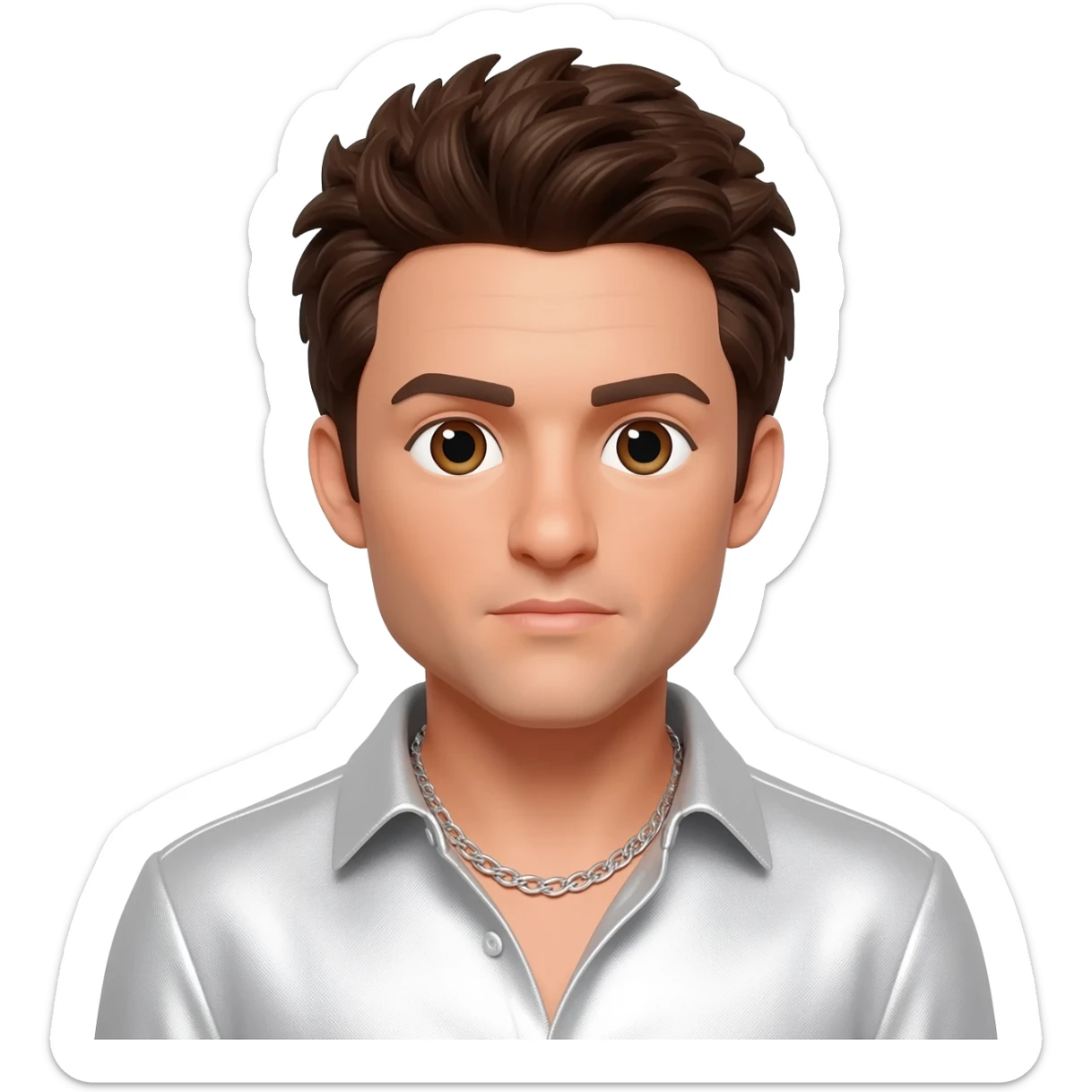 AJ McLean from Backstreet Boys with brown eyes, dark brown hair, white metallic shirt, silver necklace sticker