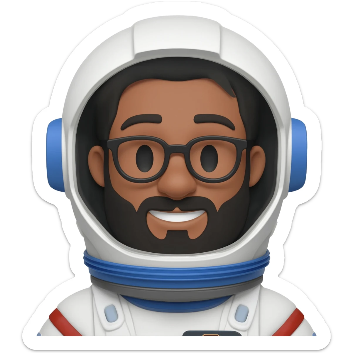 astronaut with helmet in space brown skin, black eyes, glasses and beard smiling black hair show body sticker