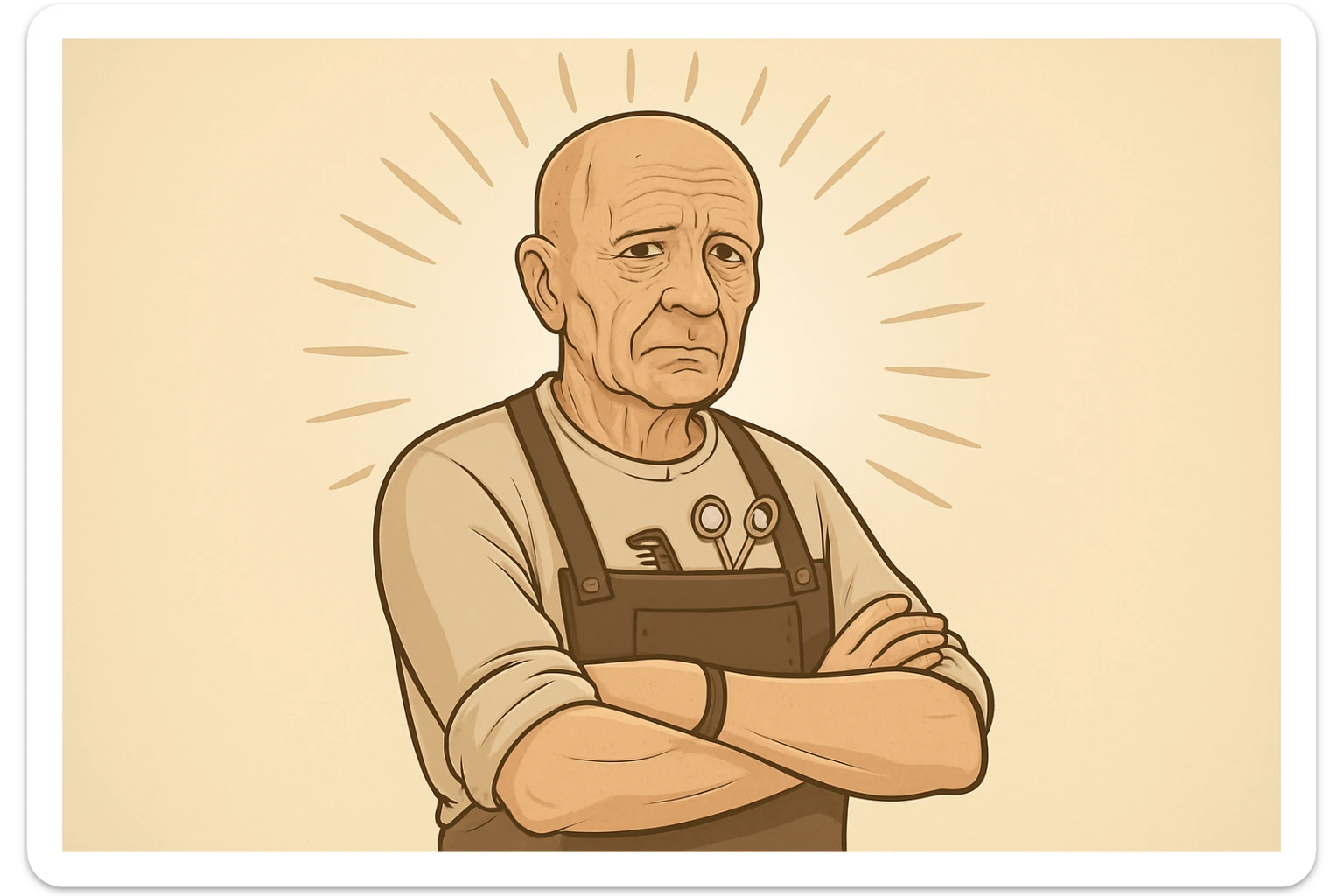 huddi shu odamni qariroq va soch soqolsiz tasvirlab ber sticker