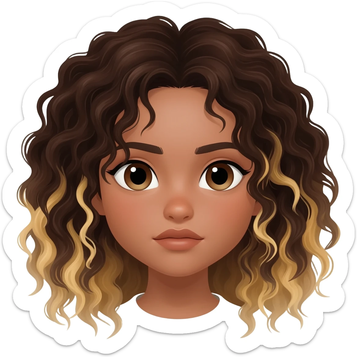 A girl with dark brown curly hair blond streaks sticker