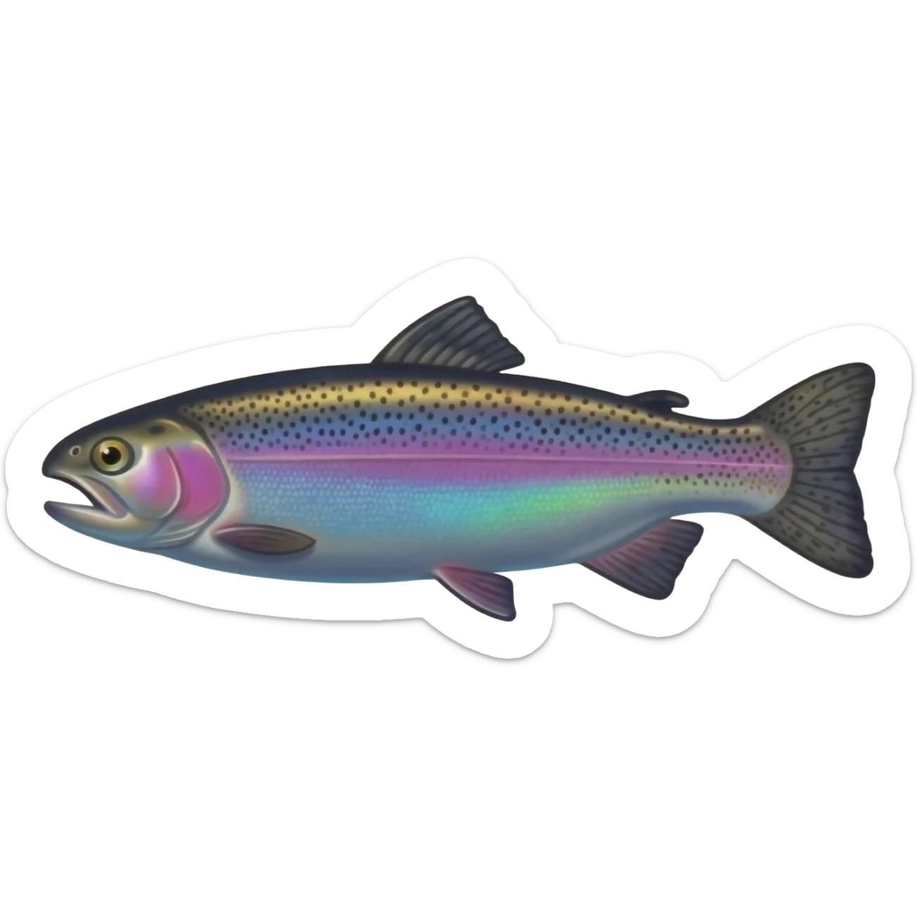 realistic rainbow trout fish bright purple blue green yellow white with black speckles sticker