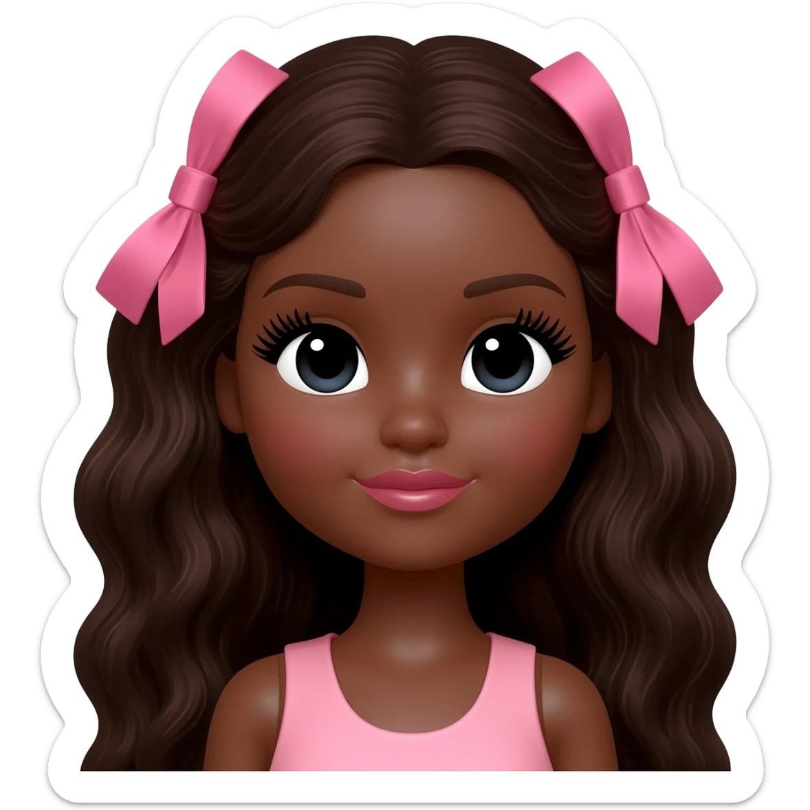 Doll with darkbrown skin with long dark brown wavy hair with pink bows, lashes, cute lips sticker