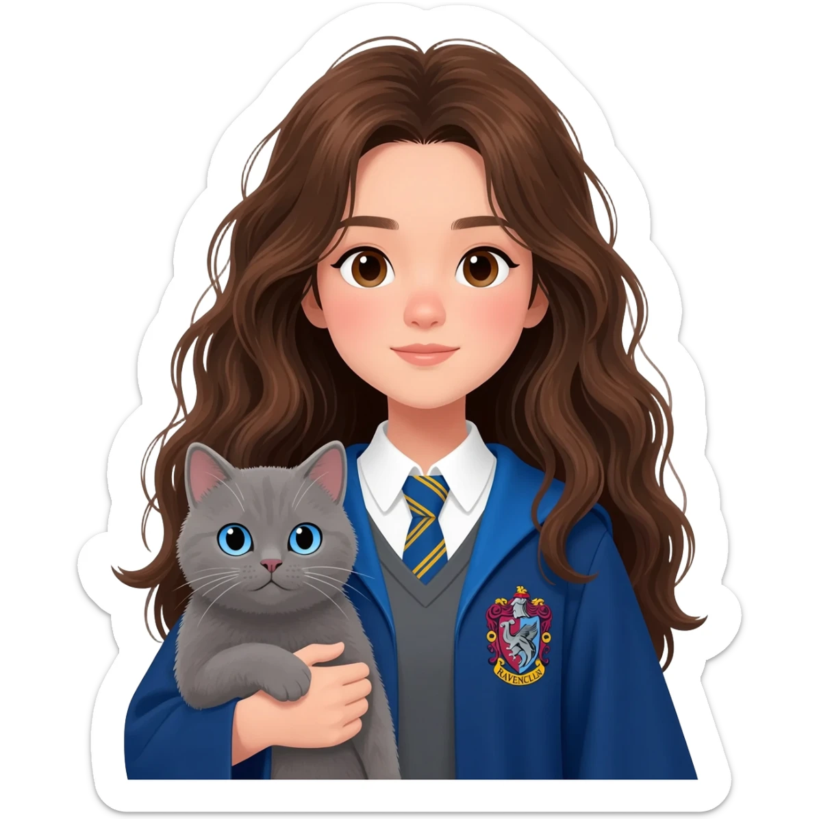 Asian girl with long messy wavy brown hair and brown eyes wearing blue Ravenclaw robe, holding a gray cat with blue eyes in hands sticker