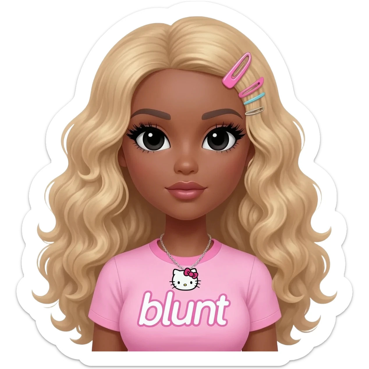 Long giant lashes, my melody hairclip, Doll faced shaped, hello kitty necklace, bimbo, black doll eyes, barbie, dark brown skin with long curly blonde hair, light pink bimbo shirt says "blunt" , big breast sticker