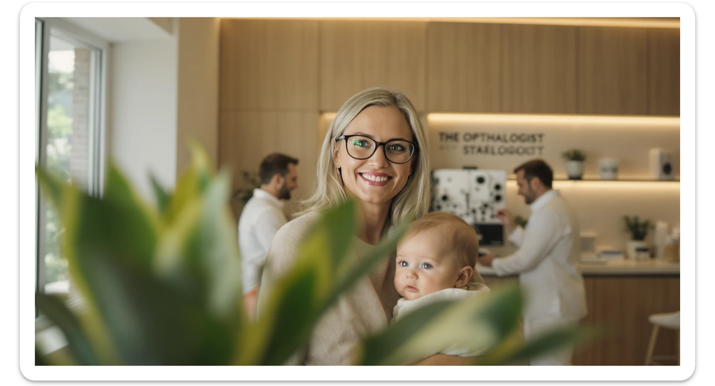 Cinematic still, blurred plants in the foreground (close to the camera), Proffesional advertising of a smiling european white woman with glasses smiling holding baby, minimalistic ophthalmologist interior in background, leading  lines, "rule of thirds", 60/30/10 colors, soft light, warm colors sticker