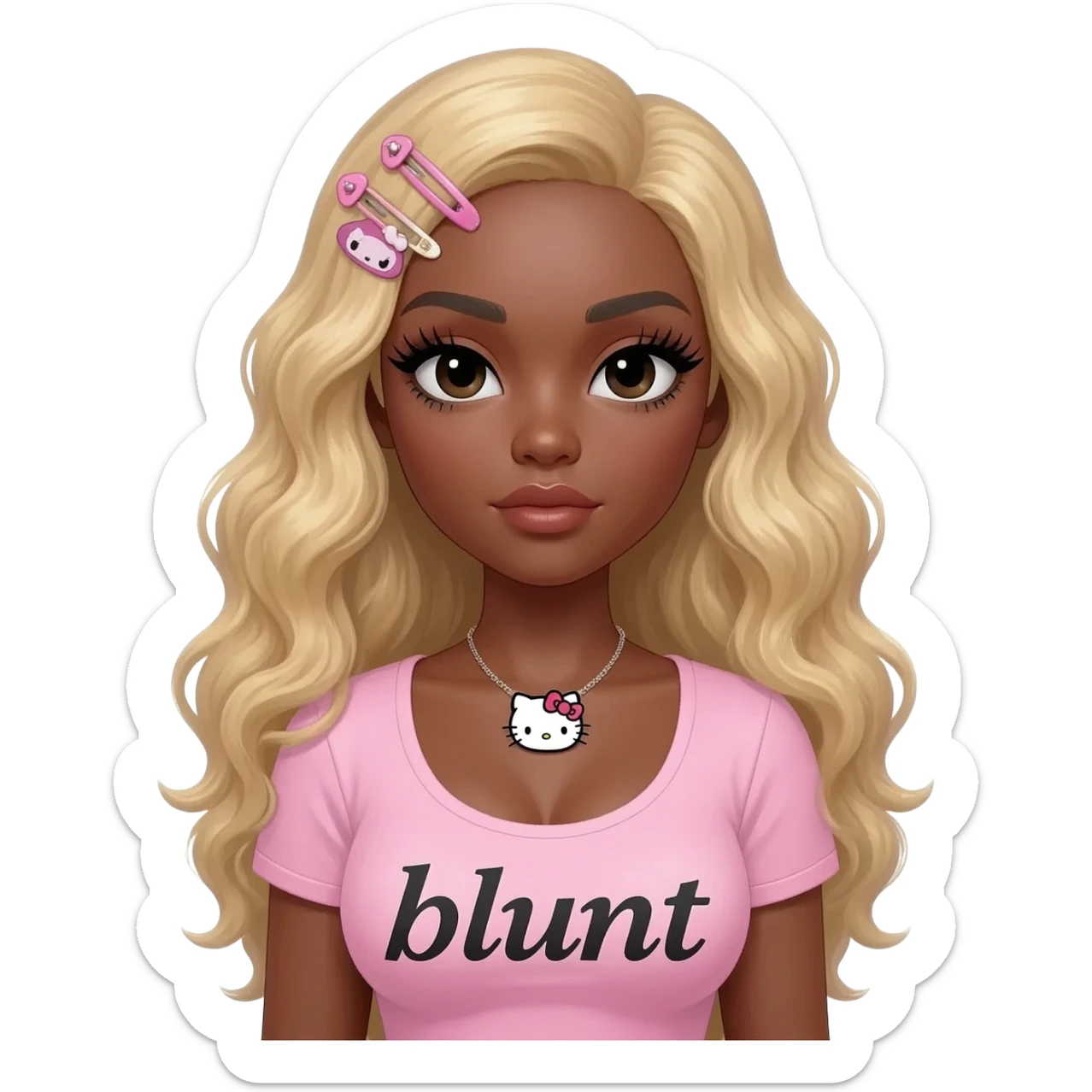 Long giant lashes, my melody hairclip, Doll faced shaped, hello kitty necklace, bimbo, black doll eyes, barbie, dark brown skin with long curly blonde hair, light pink bimbo shirt says "blunt" , big breast sticker