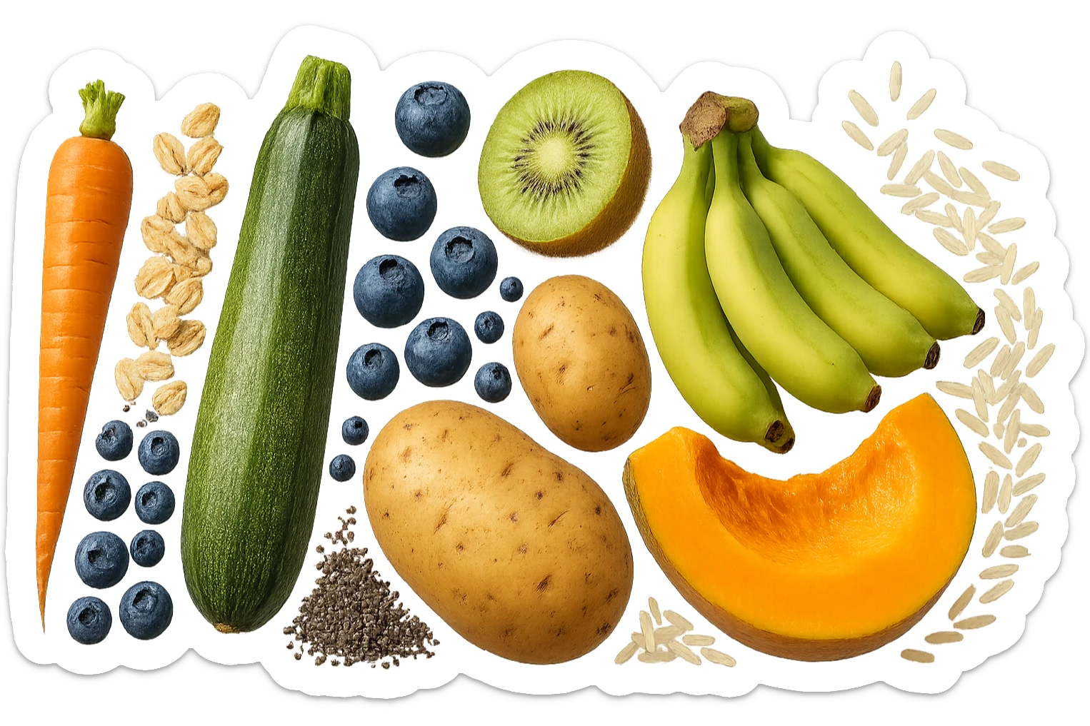 carota, fiocchi di avena, zucchine, kiwi, mirtilli, semi di chia, patate, banane acerbe, zucca, riso fluttuano in aria verticalmente, iperrealistici 4k sticker